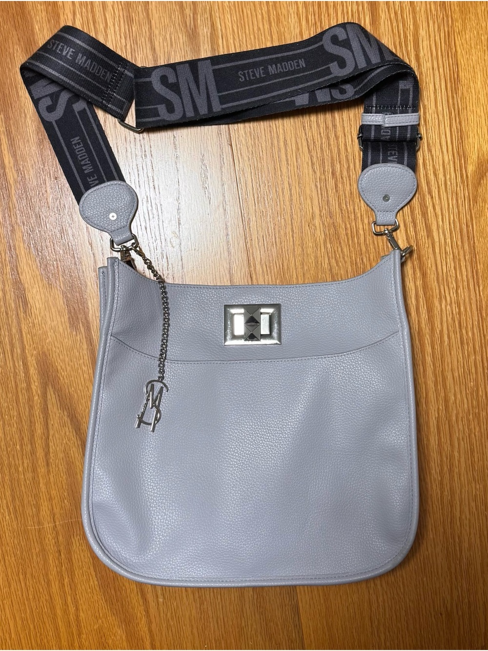 Steve Madden Light Gray Pebbled Leather Crossbody with Branded Strap